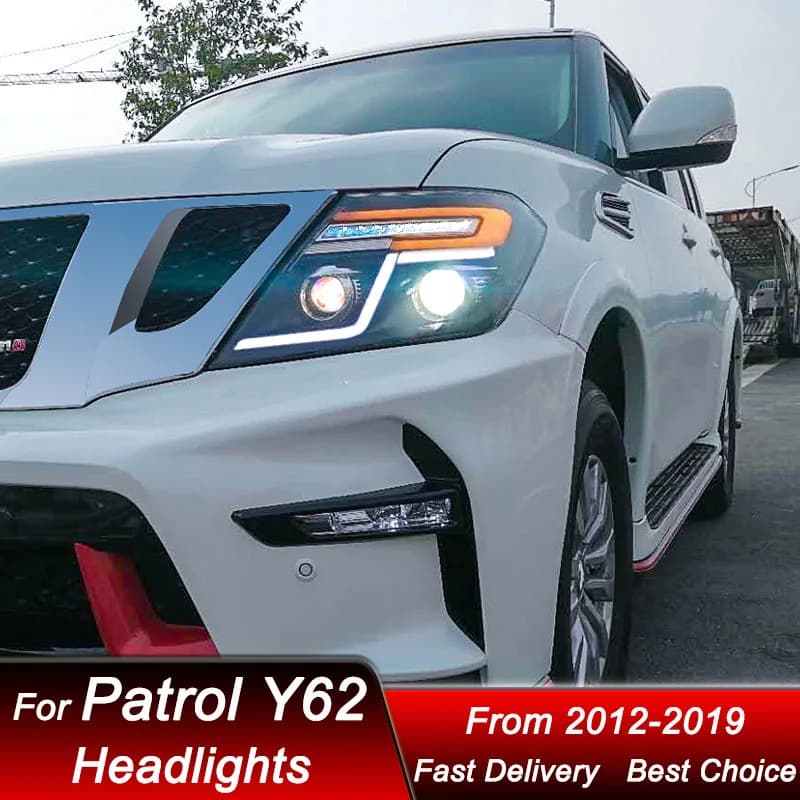 Fari anteriori per Nissan Patrol Y62 12-19, gruppo fari full LED DRL, kit accessori con lenti a proiettore ad alta configurazione.