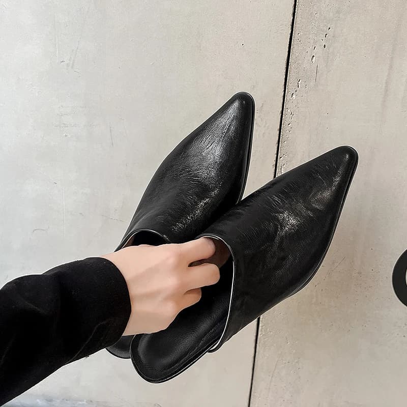 Women's Genuine Leather Pointed Toe Slip-on Flats Mules Leisure Soft Comfortable Summer Female Slides High Quality Daily Shoes