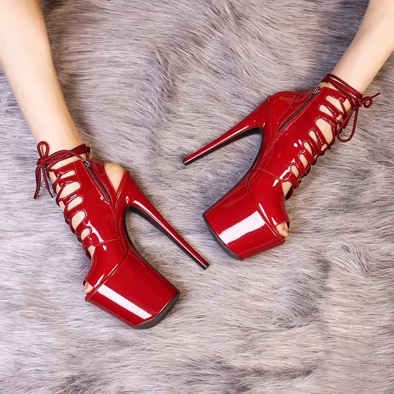 Red Patent Peep Toe Platform Lace Up Stiletto Pole Dance Women Club Stage Exotic Dancer Footwear Party 20cm High Heel Boots