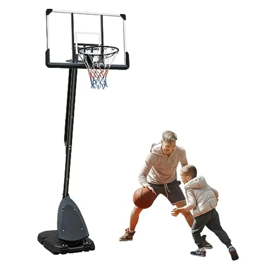 Portable basketball hoop system for indoor/outdoor use, steel rim with black finish, adjustable height 6.6-10ft, 44in impact-re