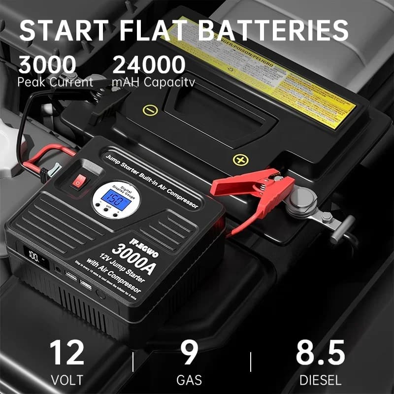 Avviatore di emergenza portatile 3000A Caricabatteria per auto Booster Pack 12V Avviatore di emergenza Costruisci con scatola di assistenza ai pneumatici del compressore d'aria