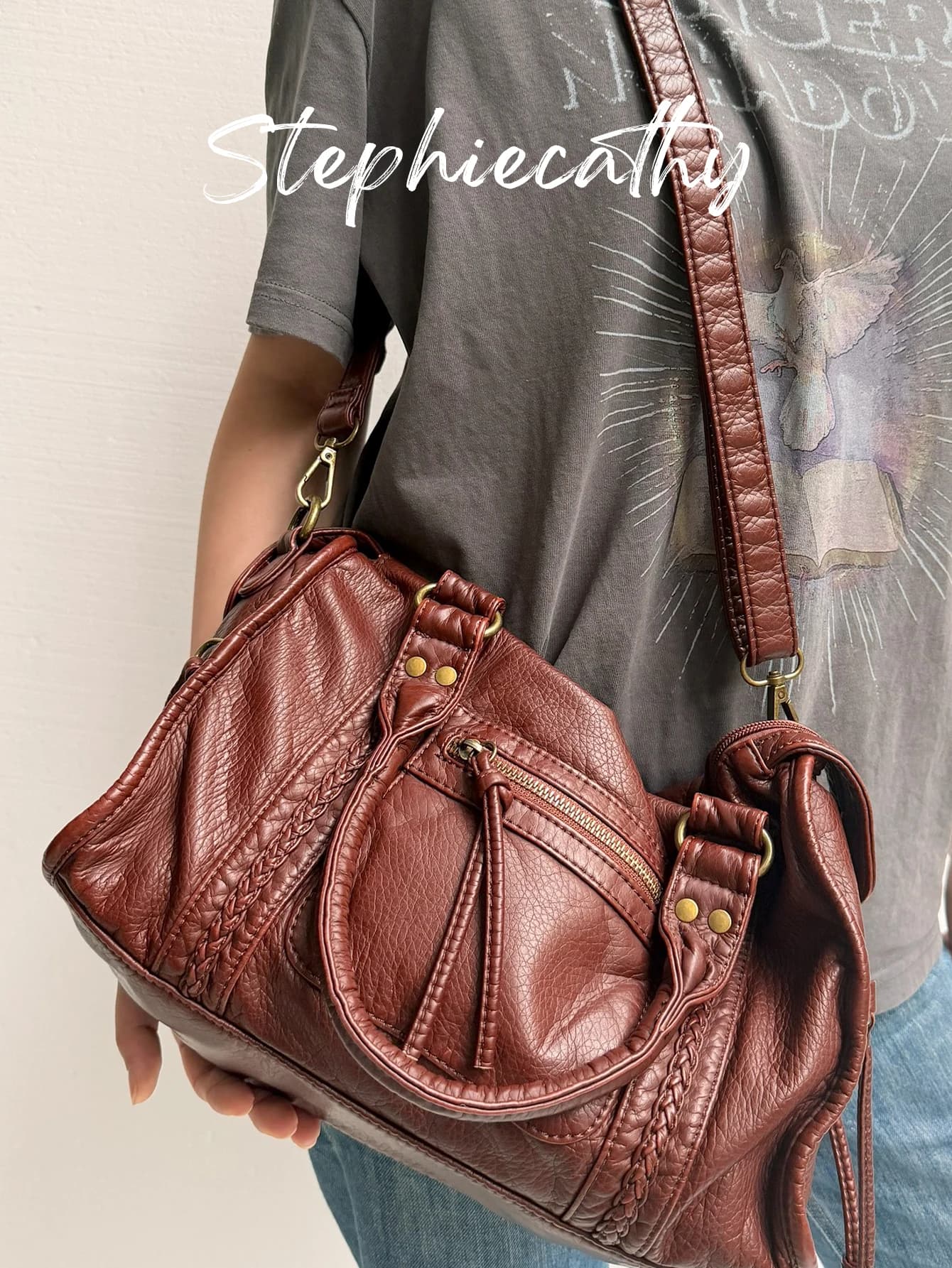 Women's bag with upper handle casual street style cool bag PU leather shoulder bag washed Y2K College daily Versatile