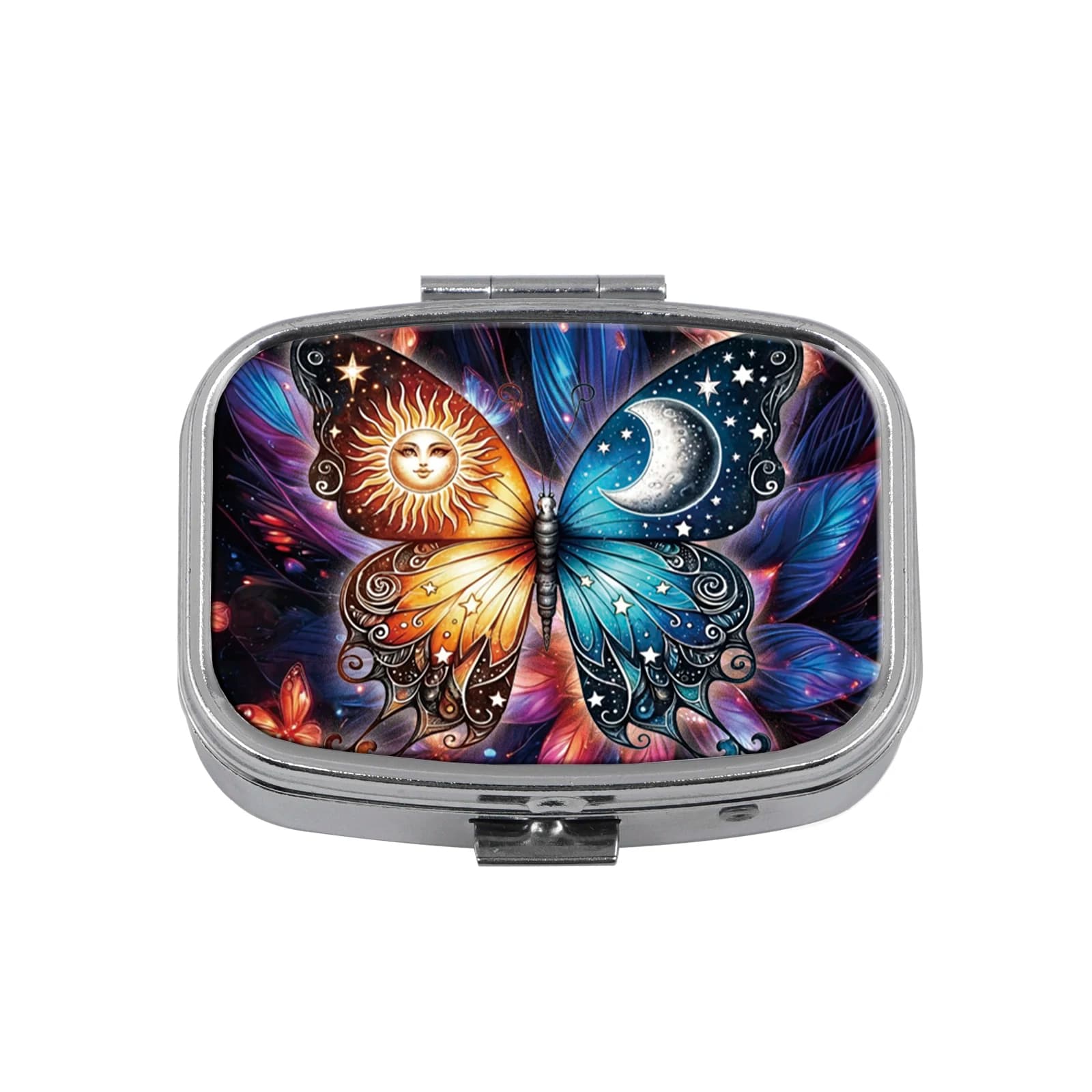 Portable 2 Grid Metal Pill Case, Mystic Sun Moon Butterfly Printed Pocket Pill Box Mini Travel Vitamin Medicine Holder