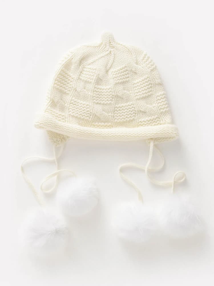 35% Cashmere Blend Knit Beanie Hat with 4 Real Fur Pom Poms, Warm Ear Flap Winter Hat for Women