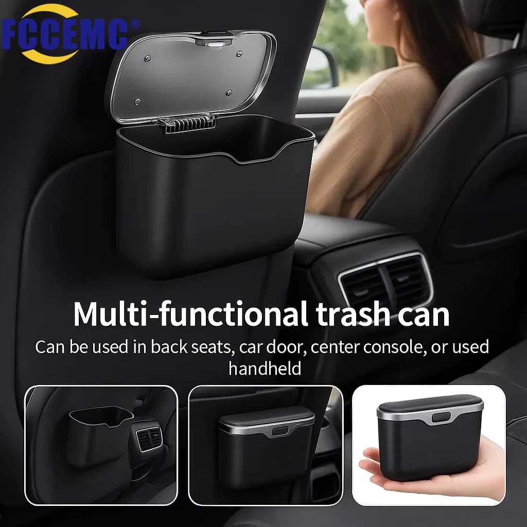 Cestino Multifunzionale per Auto con Coperchio a Pulsante, Contenitore Portatile Sospeso, Organizzatore per Rifiuti, Accessori Interni Auto