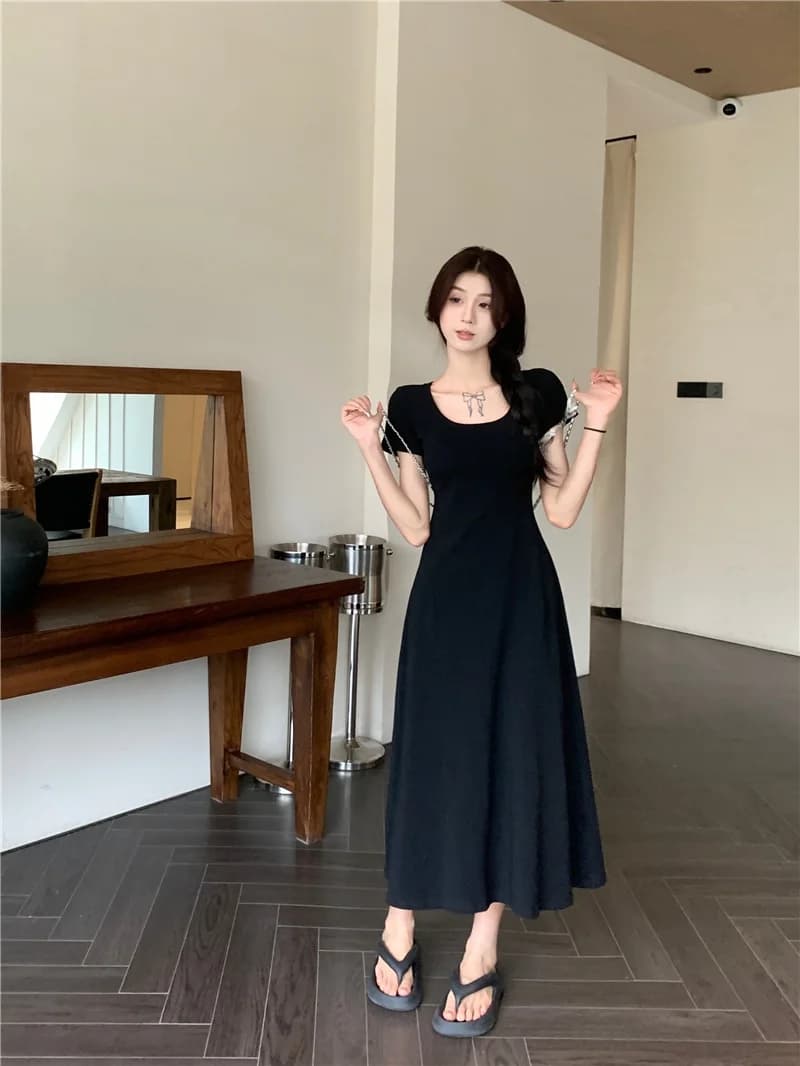 Kumikumi Women's Simple Elegance Square Collar Short Sleeve Dress Slimming A-Line Summer Dress Pure Color Waist-Cinching