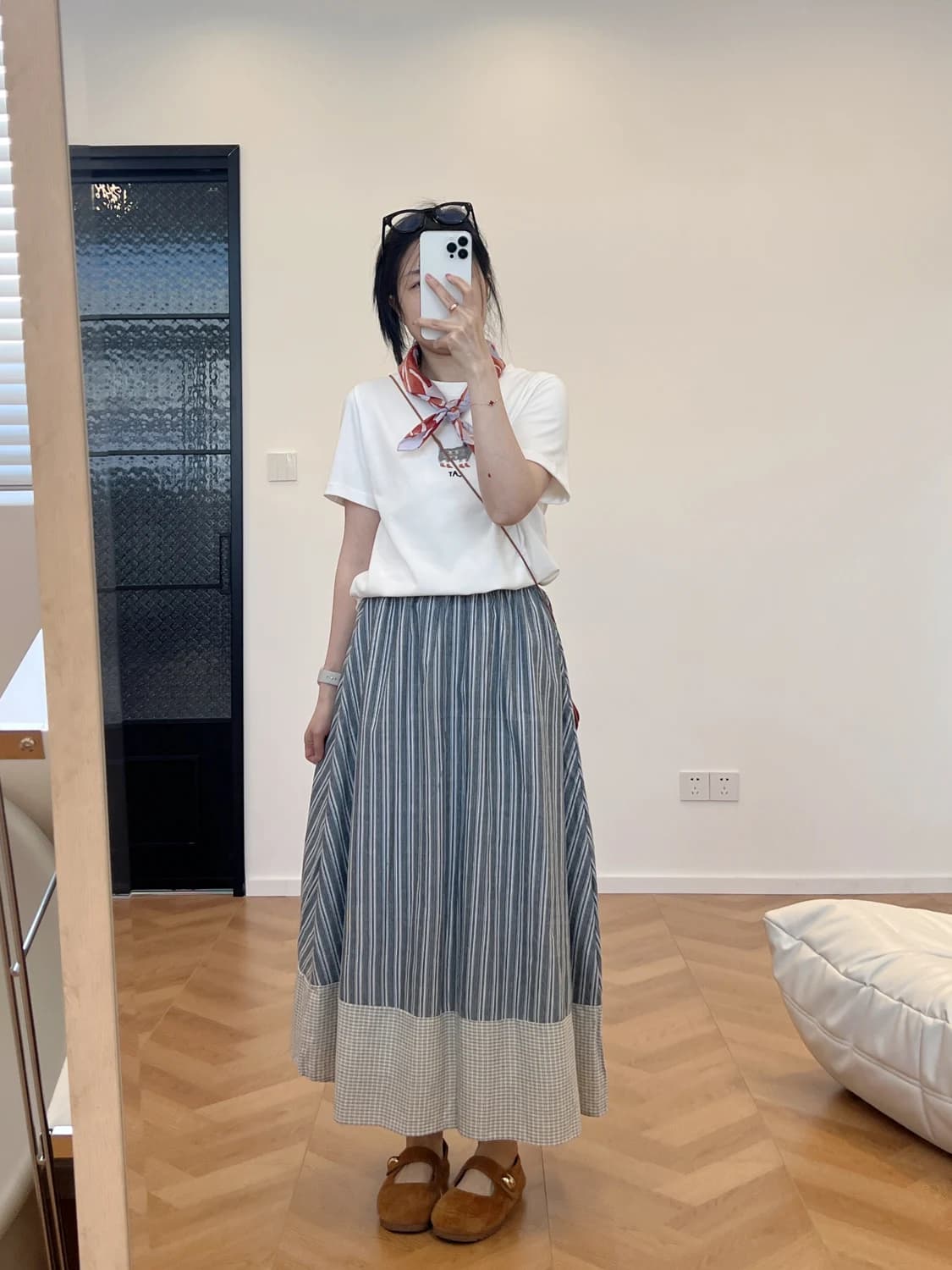 Spring Collection High Waist Elasticated Slimming Midi Skirt Ladies Plaid And Stripe Splicing Cotton A-Line Skirt