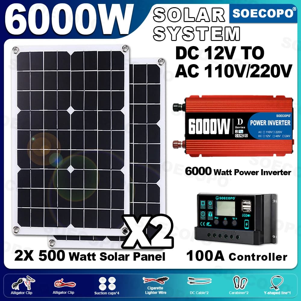 Kit mini solare completo da 6000 W SOECOPO 2 pannelli solari da 500 W + controller 100 A + inverter CC 12 V - CA 110 V/220 V USB 5 V/1,5 A