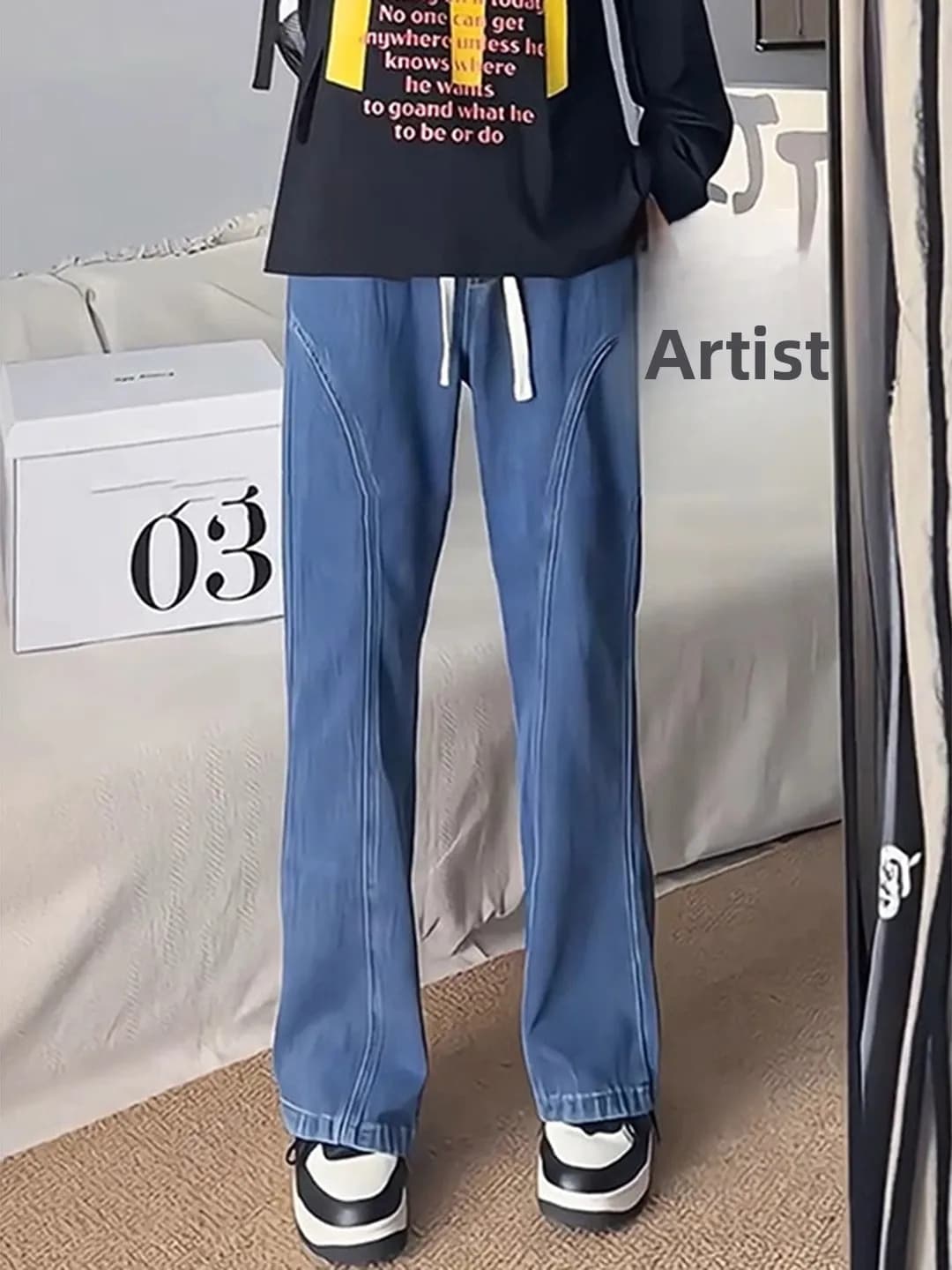Blue Casual Men's Workwear Jeans Slanted Cut Straight Leg Slimming Knife Pants Autumn American Style Leisure Wide Leg Trousers