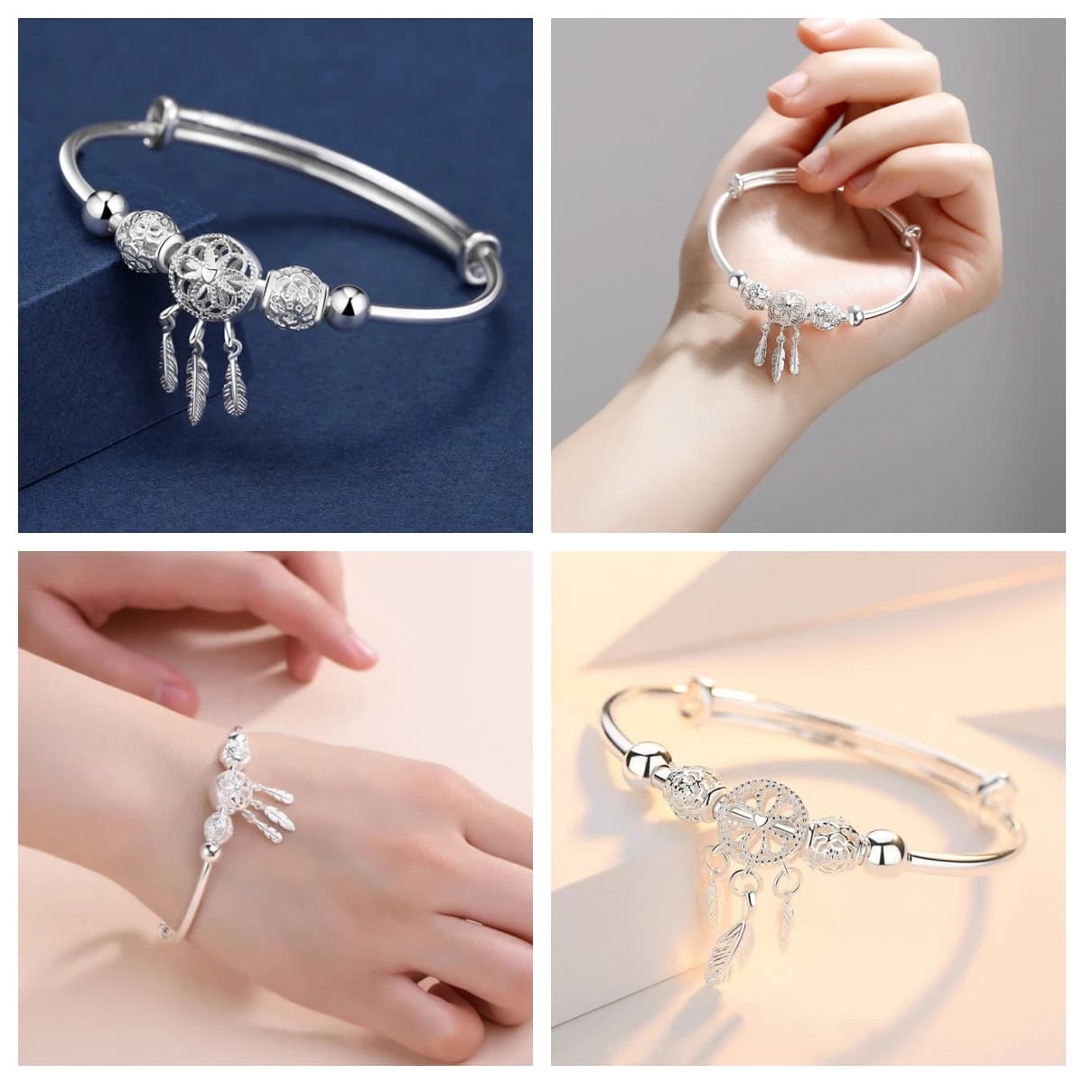 Adjustable 925 Sterling Silver Bangle Dreamcatcher Tassel Feather Round Bead Charm Bracelet Cuff For Women Elegant wedding