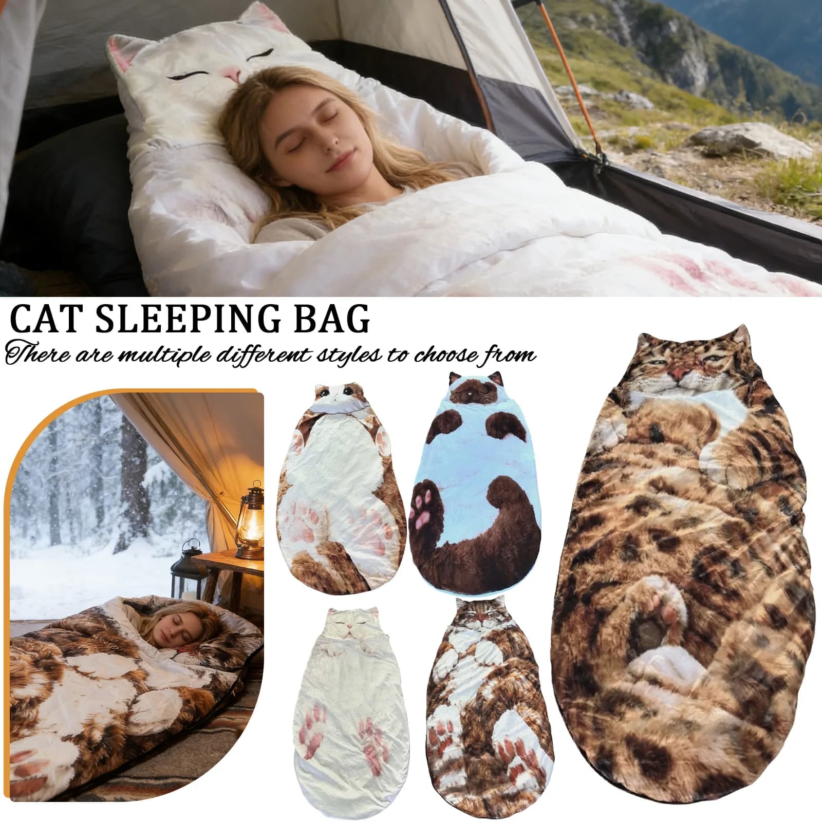 Sacco a pelo invernale in peluche per adulti, a forma di gatto, morbido, lavabile, caldo, per campeggio, viaggi e overnatoi