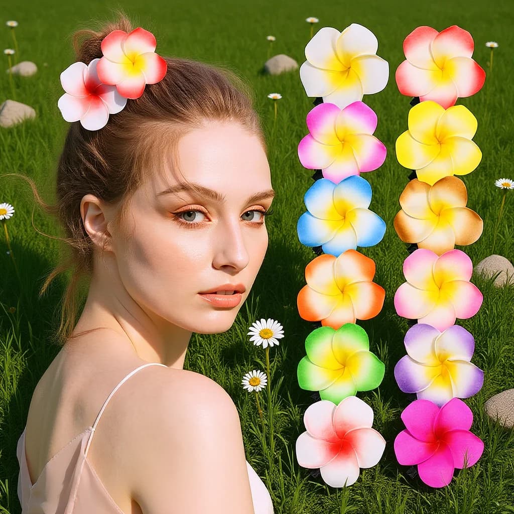 Fermagli per capelli Eva Plumeria 12 pezzi Fermaglio per capelli fiore hawaiano per le donne Accessori per fiori per capelli festivi Luau Decorazione di nozze estiva