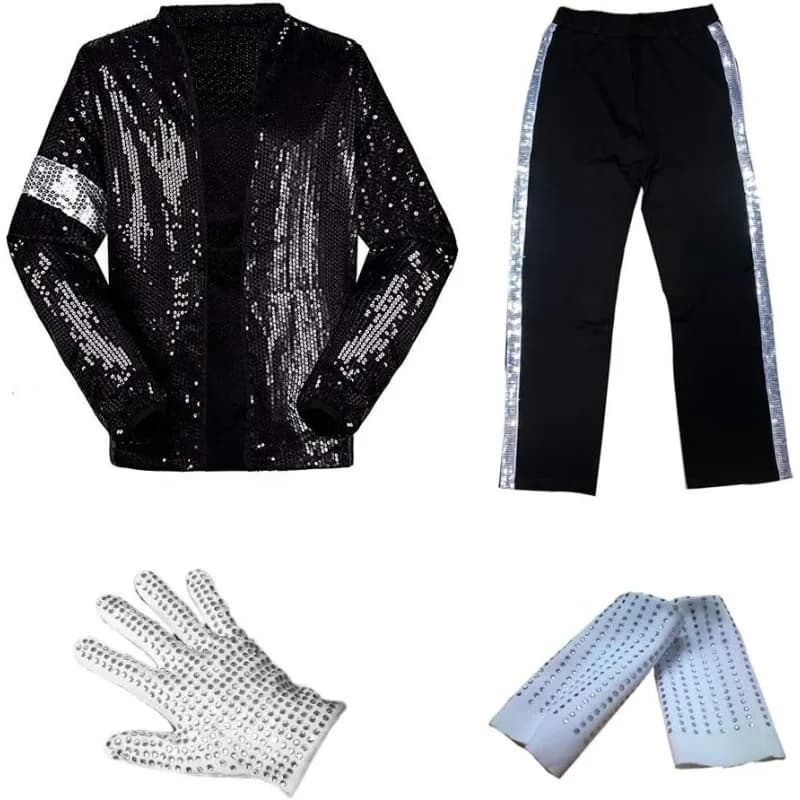 MJ Michael Jackson Cappotto Billie Jean Giacca e guanto Costume cosplay di danza moderna Set di costumi per spettacoli con paillettes per adulti e bambini