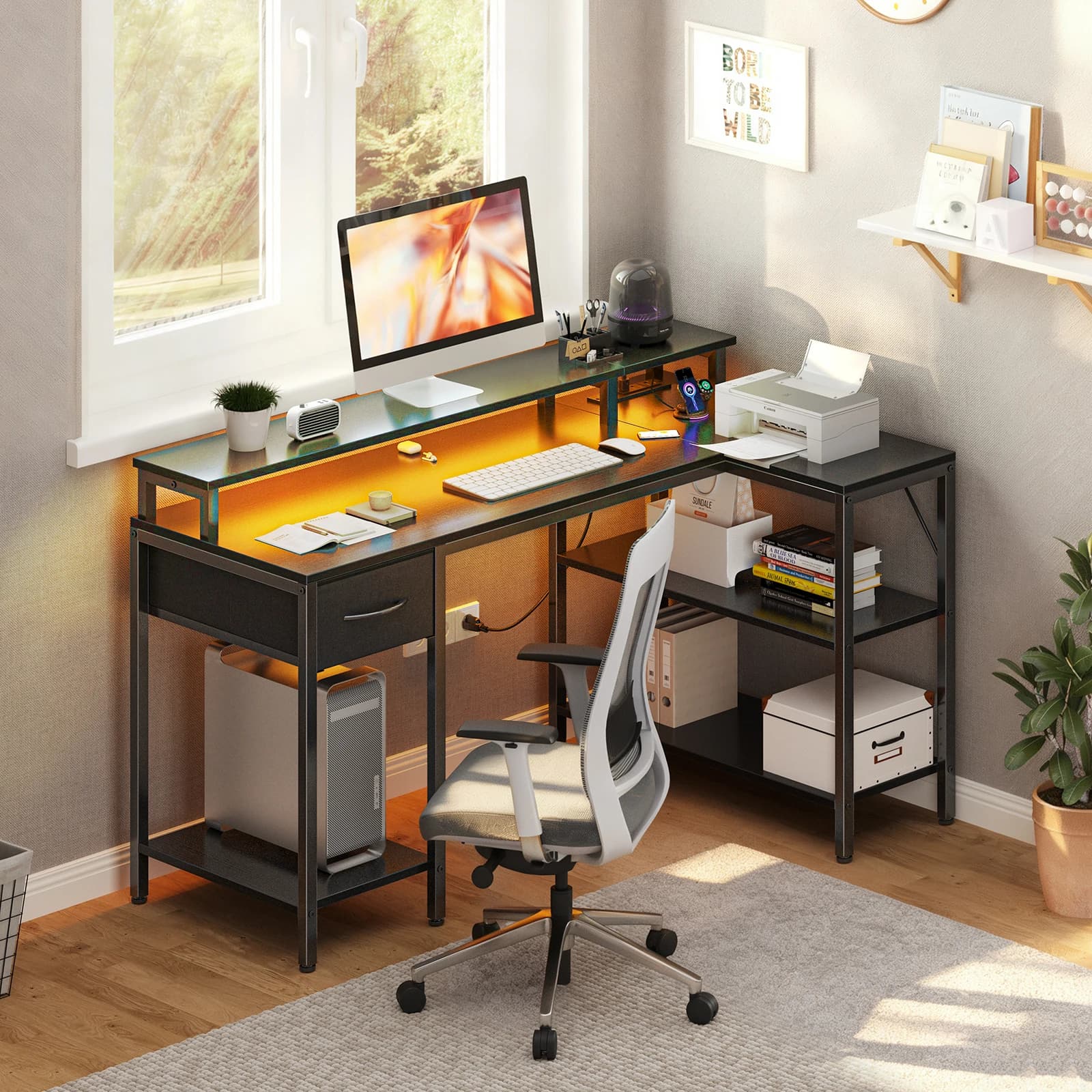 MCQ 47 Inch to 53 Inch Standing Office Computer Desk With Storage Shelves Ergonomic Gaming Desk With Monitor Stand LED Lights USB Charging Ports Power Outlets For Home Office Small Space