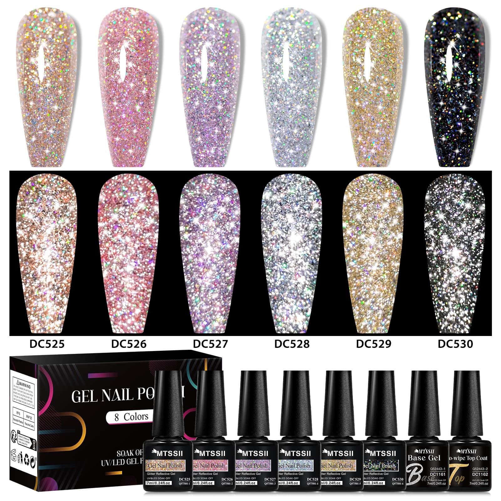 Mtssii 8PCS 7ml Glitter Gel Riflettente Smalto Set Scintillante Soak Off UV LED Oro Argento Nero Rosa Smalto Gel Starter Kit
