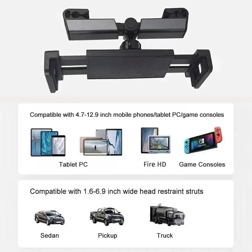 360 Degree Rotatable Car Headrest Phone Tablet Mount Auto Rear Seat Pillow Bracket Fit 4.7‑12.9 Inch Phone Tablets Travel Gadget