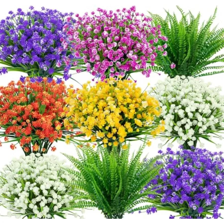 12 Bundles Artificial Flowers for Outdoors UV Resistant Fake Plastic Plants Faux Boston Fern Greenery Stems for Spring Summer I