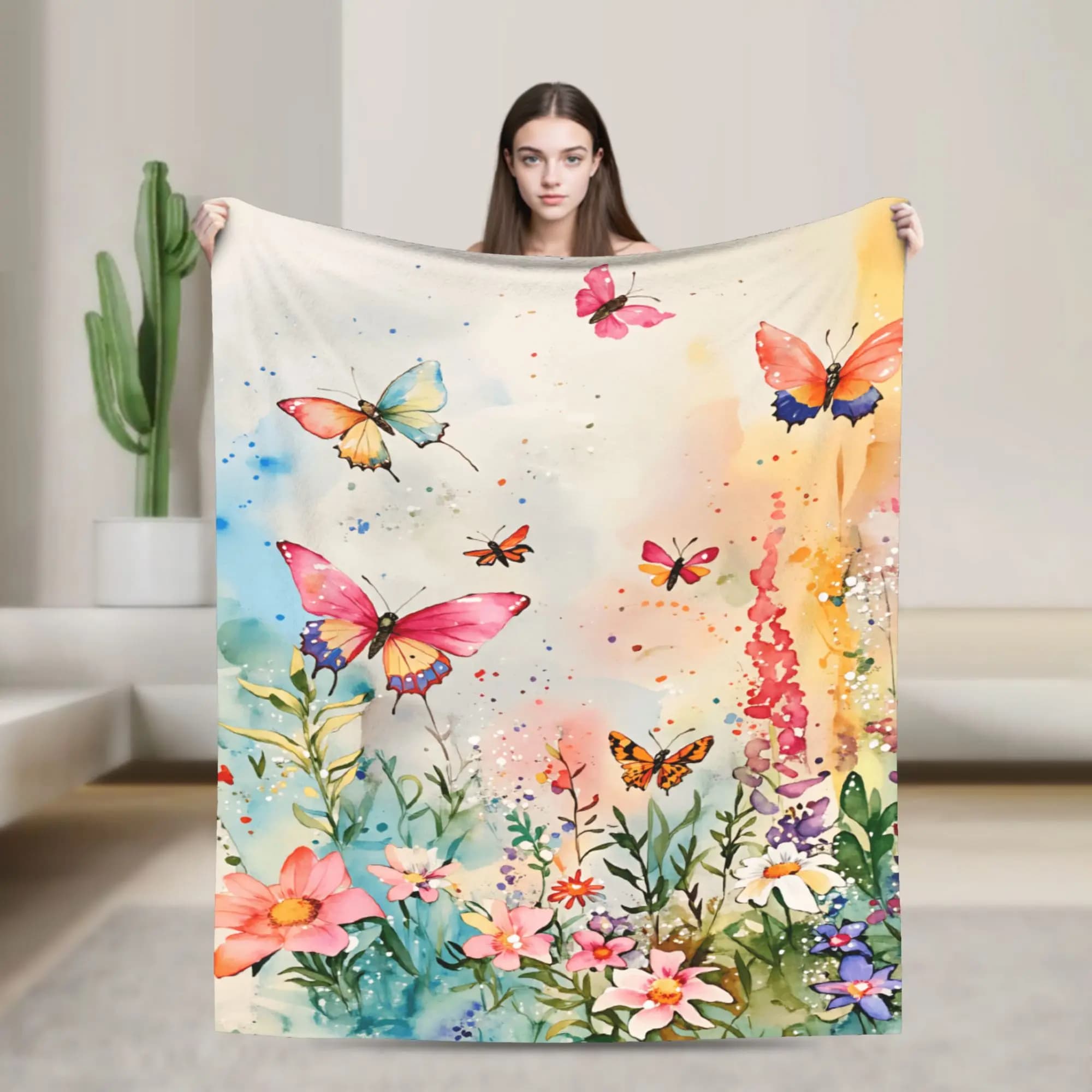 Morbida coperta da campeggio con farfalle floreali ad acquerello, coperta in flanella per divano, sedia, copriletto divertente per divano letto