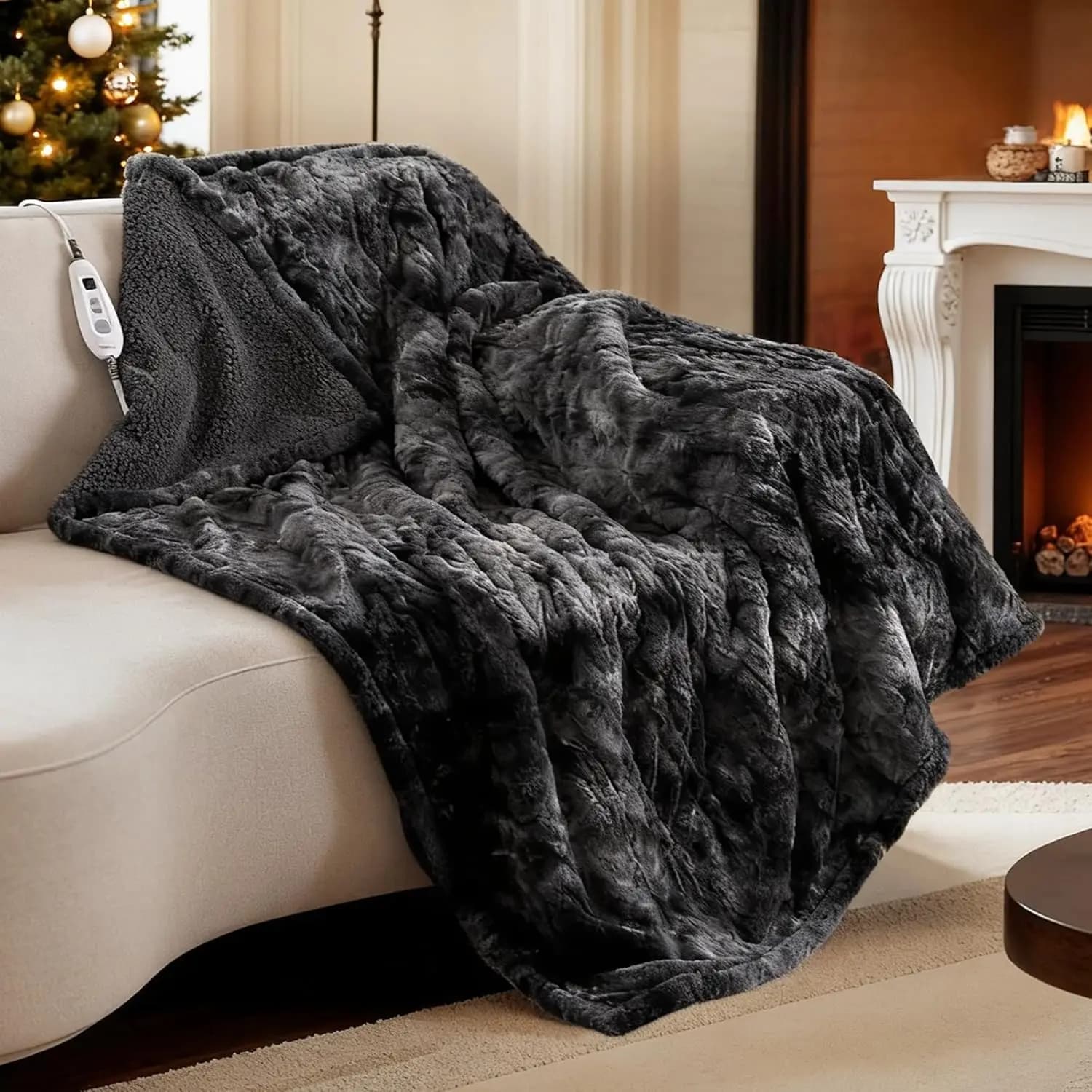 Coperta elettrica riscaldante reversibile 50" x 60" in finta pelliccia e sherpa, 6 livelli di riscaldamento, spegnimento automatico, lavabile, colore nero marmorizzato