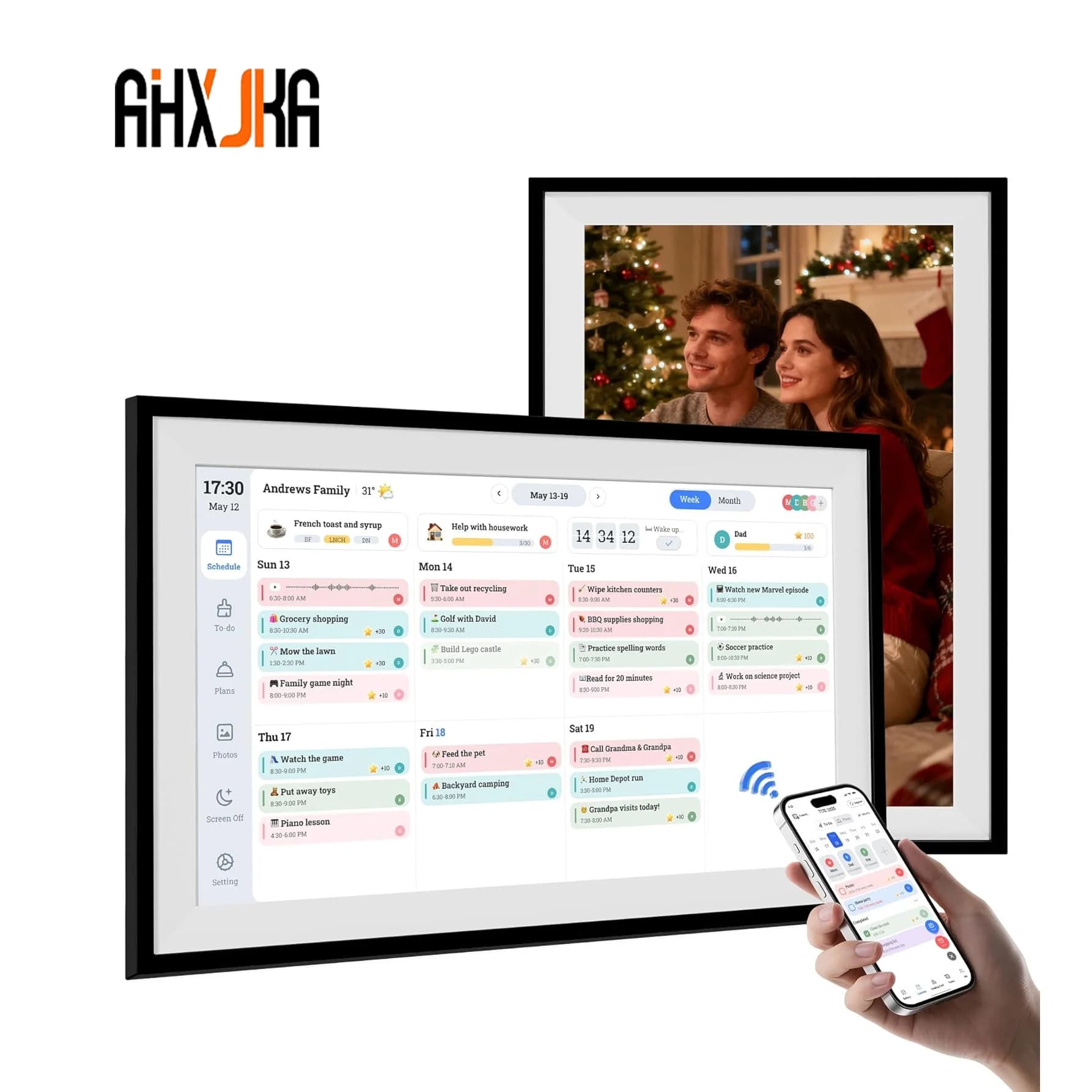 Cornice Digitale WiFi AHXJKA da 15.6 Pollici 1920*1080P con Memoria da 32GB, Cornice IPS Smart Cloud per Pianificazione e Gestione Attività Elettronica