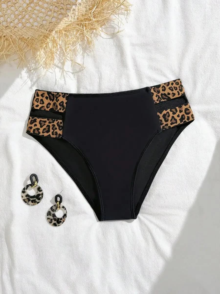 Slip bikini a vita alta con stampa leopardata nera e taglio laterale per donna, per la spiaggia e l'estate