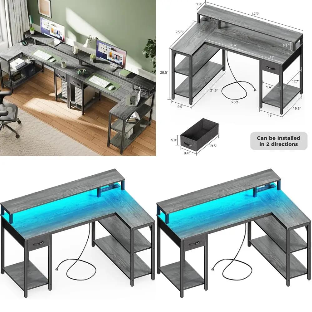 Grey L Corner Desk 47 with LED lights, power outlets, shelves and home office and gaming monitor support