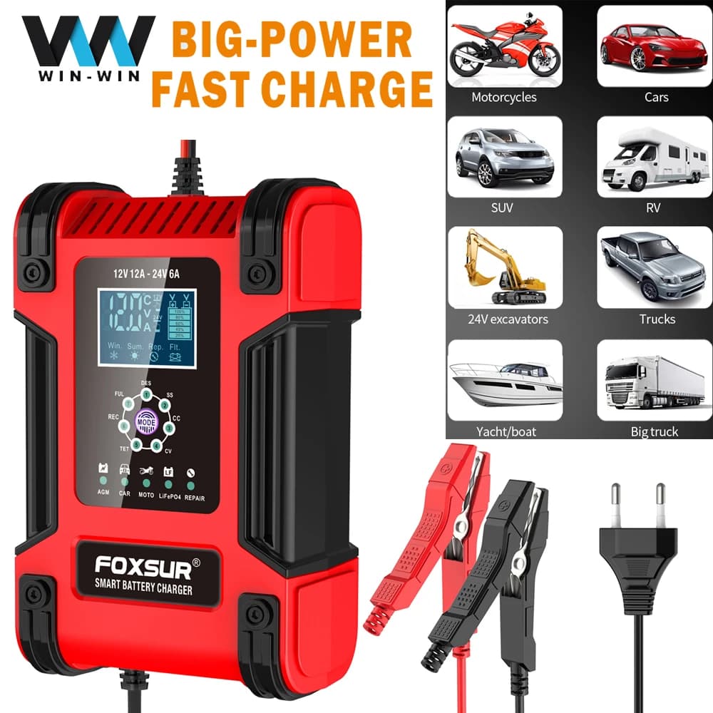 Caricabatteria per auto intelligente Display LCD 12V 24V Caricatore automatico per moto a 7 stadi AGM Caricatore al piombo-acido asciutto e bagnato GEL a ciclo profondo