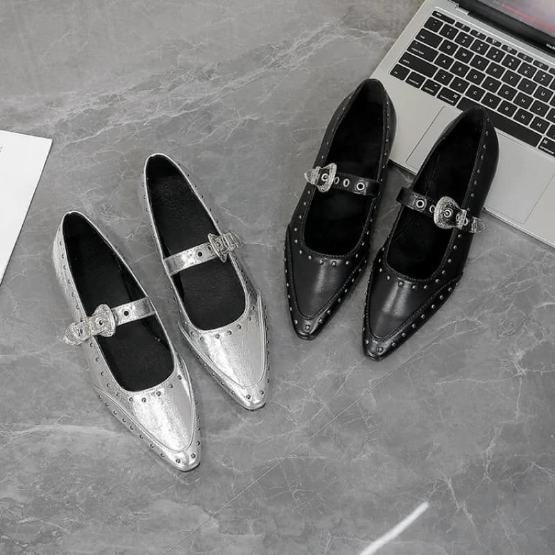 Scarpe da ballo da donna, ballerine Mary Jane leggere con rivetti punk, scarpe casual con punta a punta metallizzata per festival, feste e streetwear