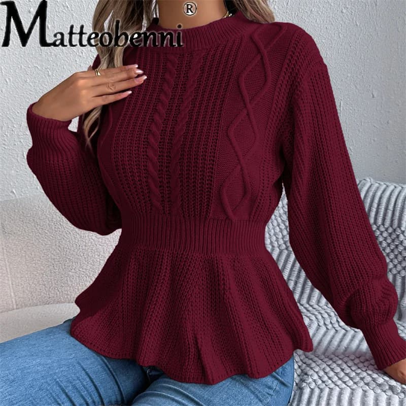 2025 maglione lavorato a maglia con volant casual invernale femminile donna elegante pullover a maniche lunghe autunno signora tinta unita O collo maglioni caldi