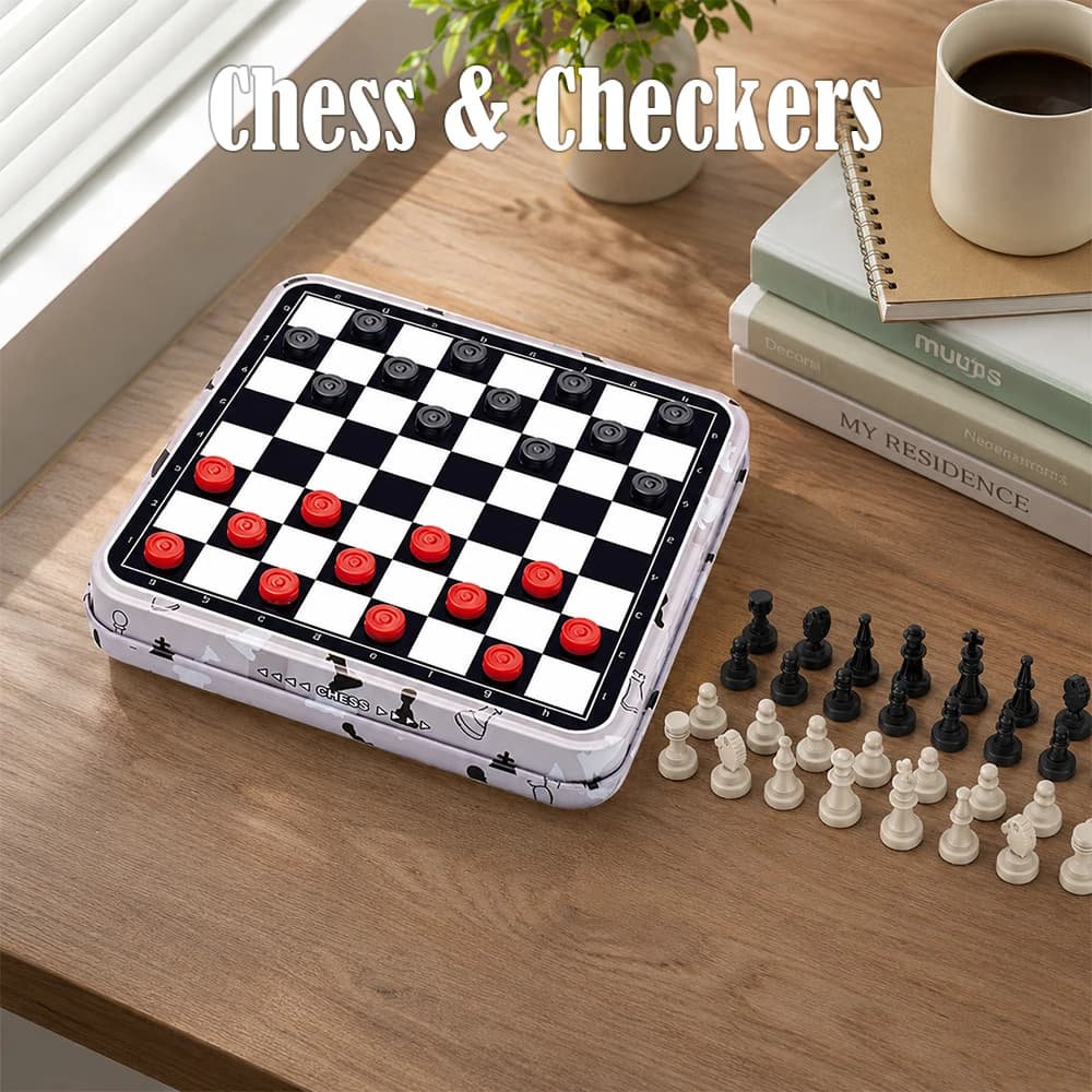 2‑in‑1 Magnetic Chess & Checkers Board Game Set,Portable Mini Travel Chessboard,High Quality Family Party Table Game,Gift