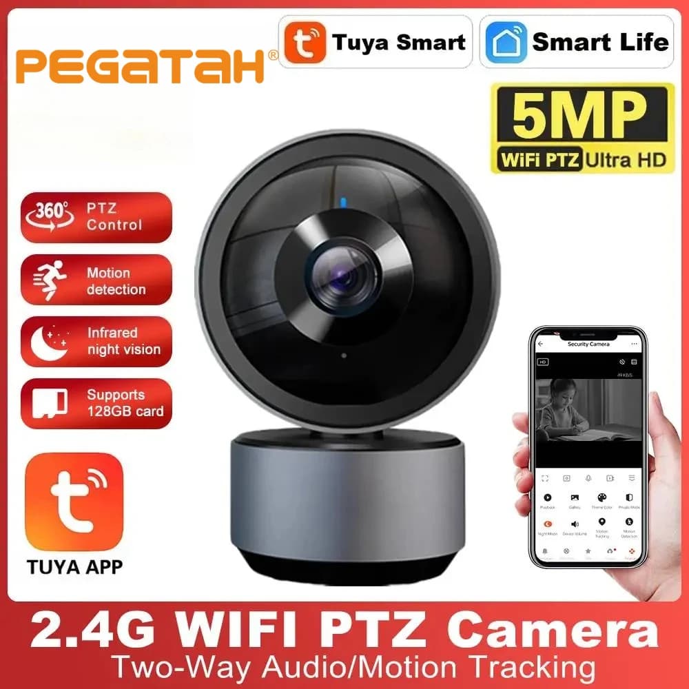 PEGATAH 5MP WiFi Video Surveillance Camera with Night Vision Two-Way Audio Auto Tracking PTZ Security Camera Smart Home Camera