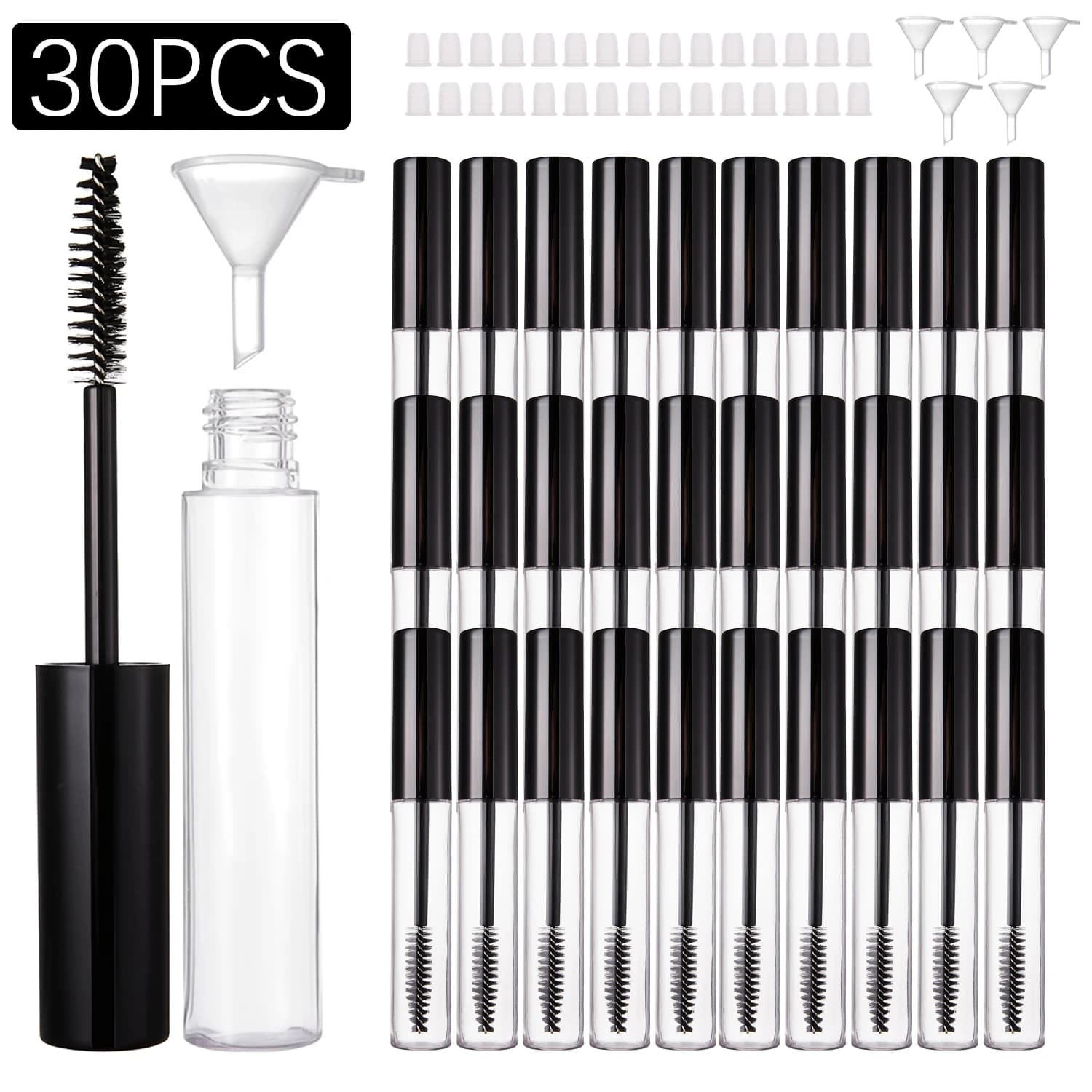 30 Sets of 10ml Empty Tubes and Mascara Sticks, High-Quality Eye Black Bottles, with Small Funnel and Leak Proof Plug