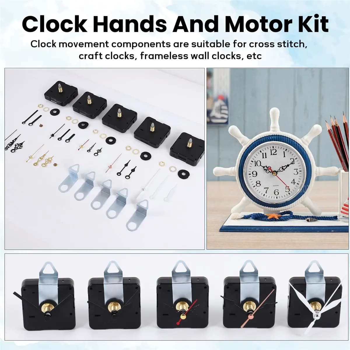 Squisito - 5 pezzi Meccanismo di movimento dell'orologio Parti Silenzio Orologio da parete fai-da-te al quarzo con 7 paia diverse Kit di sostituzione delle lancette dell'orologio