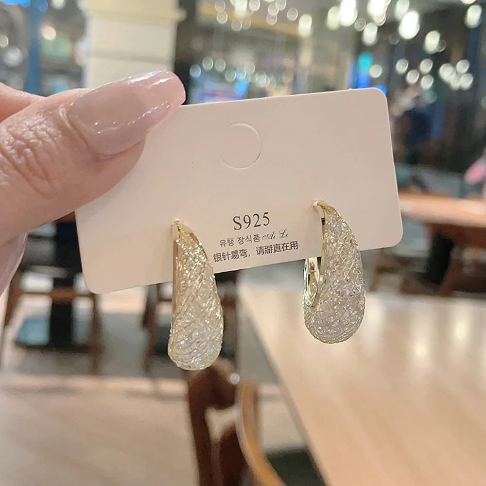 Textured Gold Mesh Inlaid Zircon Drop Earrings, Delicate Luxury Texture Daily All-Match Ladies Ear Accessories