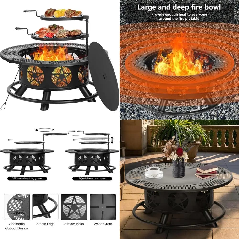 Braciere da esterno extra large a legna con diametro di 42 pollici, griglie doppie, coperchio e poker per barbecue e uso resistente