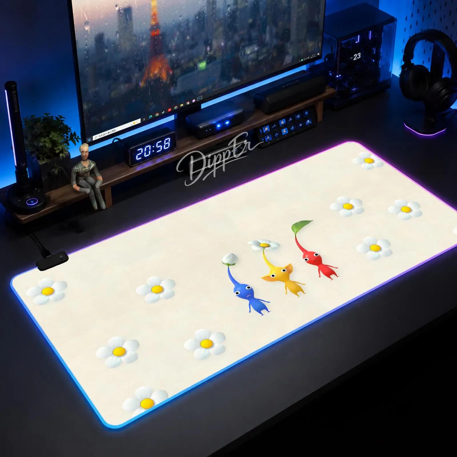 Tappetino per mouse A-Pikmin di grandi dimensioni, tappetino da tavolo luminoso a LED XXL, tappetino in gomma antiscivolo per gaming con retroilluminazione