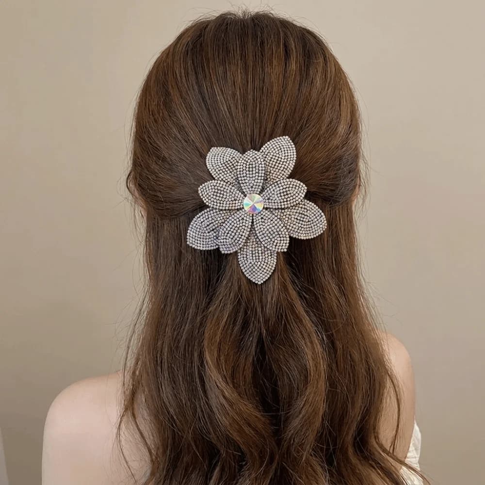 Fermaglio per capelli grande con strass, a doppio strato a forma di fiore, stile coreano, per donna