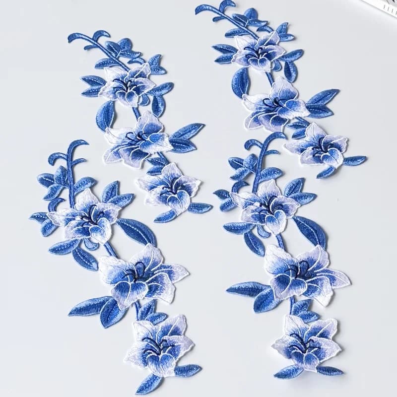 Have One Pair Chinese Style Blue Flower Sewing On Embroidery Patches For Clothing Dress Applique Decoration DIY