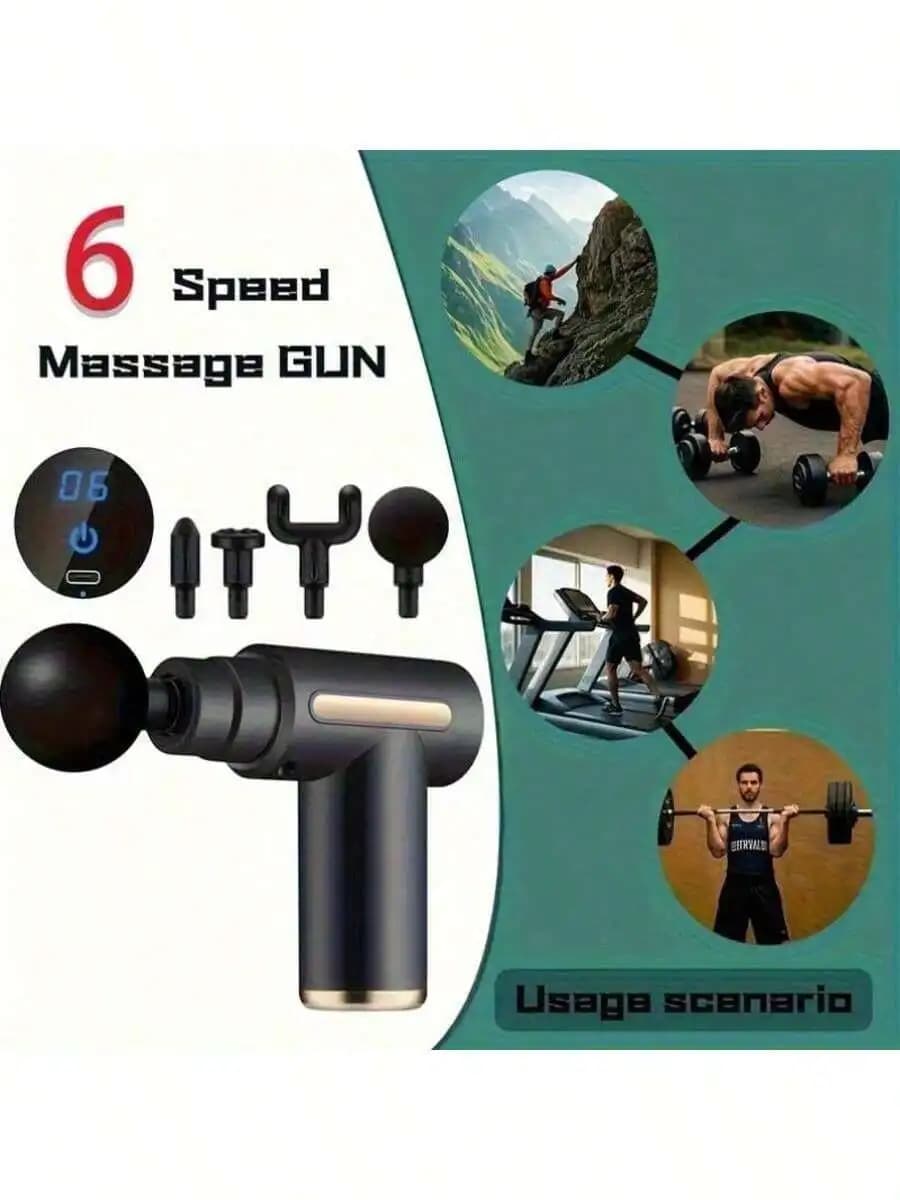 Mini Pistola per Massaggio Portatile, 6 Velocità, 4 Testine, Display LCD Touch, Sollievo Profondo dei Tessuti per Tutto il Corpo, Manuale, Ideale per Viaggi, Nero
