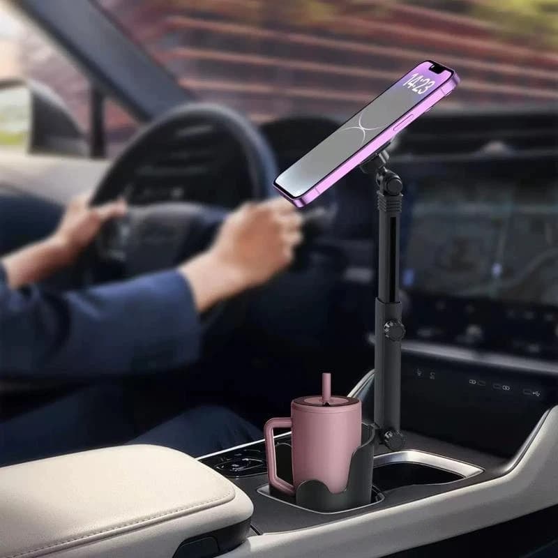 2-in-1 Car Cup Holder Phone Mount Dual Magnetic Cell Phone Bracket With Adjustable Long Arm Universal Car Drink Holder Stand