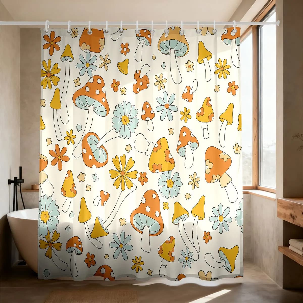 Retro Cute Mushroom Flower Shower Curtain Polyester Digital Printing Lovely Orange Yellow Teal Mushrooms Daisy Blooms
