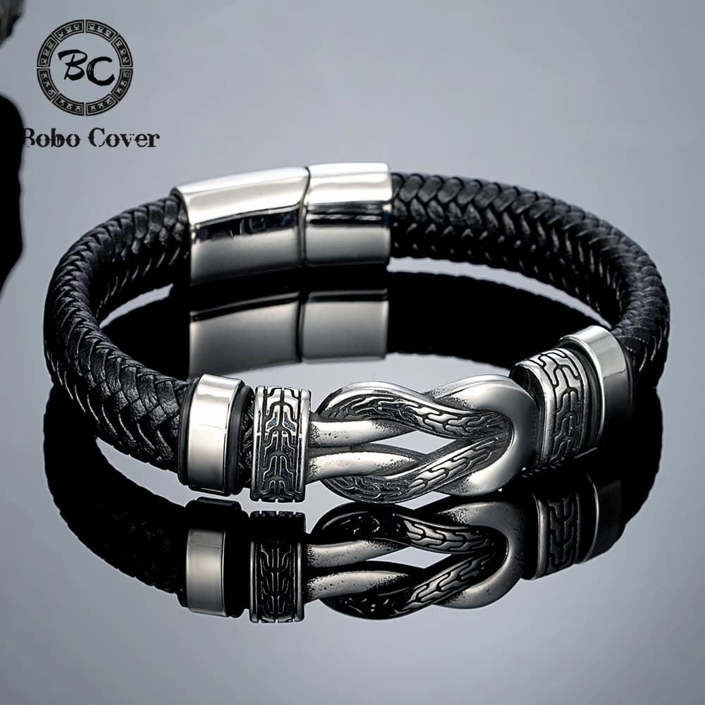 Bracciale Vintage in Pelle con Simbolo dell'Infinito per Uomo - Braccialetto Fatto a Mano in Acciaio Inossidabile con Striscia di Möbius, Gioiello da Uomo, Regalo per Coppie