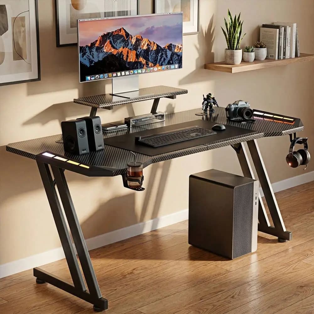 Ergonomic Computer Desk With Monitor Stands, Gaming Desk With LED Lights Carbon Fibre Surface, Ergonomic Home Office Desks Z Sh