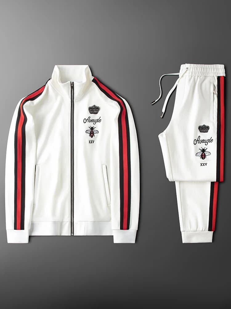 Completo Sportivo Casual da Uomo Ja Charles Autunno Inverno con Giacca a Collo Alto e Pantaloni con Motivo a Ape, Maniche Lunghe in Nylon