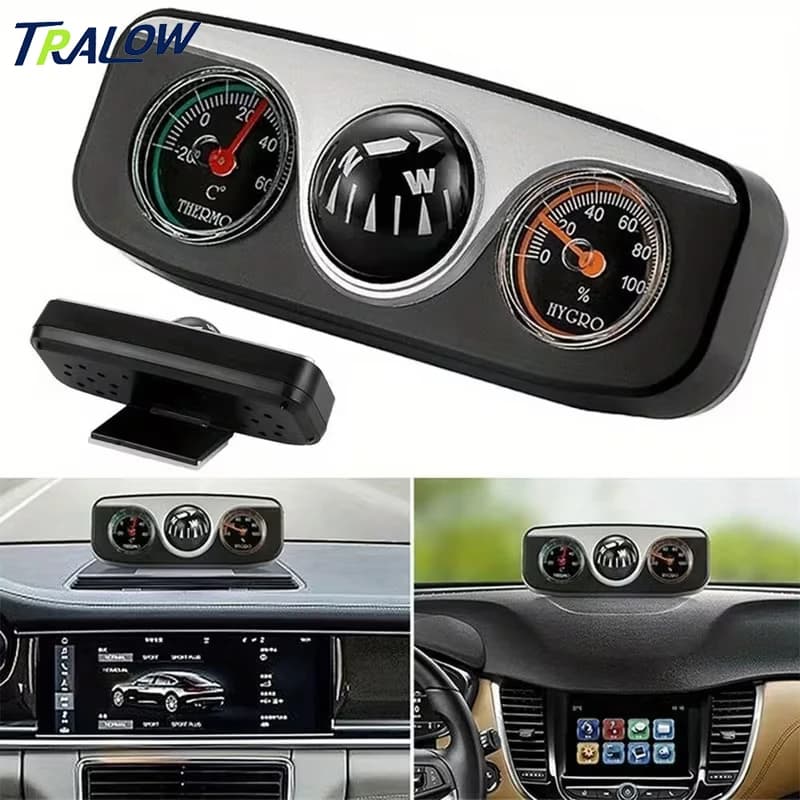 TRALOW Bussola 3 in 1, termometro e igrometro Design ornamento cruscotto auto, accessori interni auto leggeri e facili da leggere