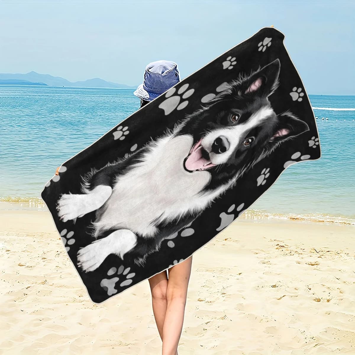 Asciugamano da spiaggia in microfibra con motivo artistico a zampa di Border Collie, morbido, ultra assorbente e leggero, per feste in spiaggia, campeggio e viaggi