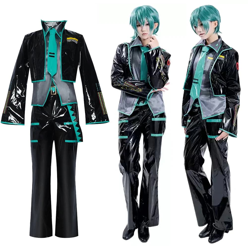 Anime Mikuo Male Version Cosplay Costume Uniform Black PU Leather Jacket Fancy Halloween Party Outfit Women Men