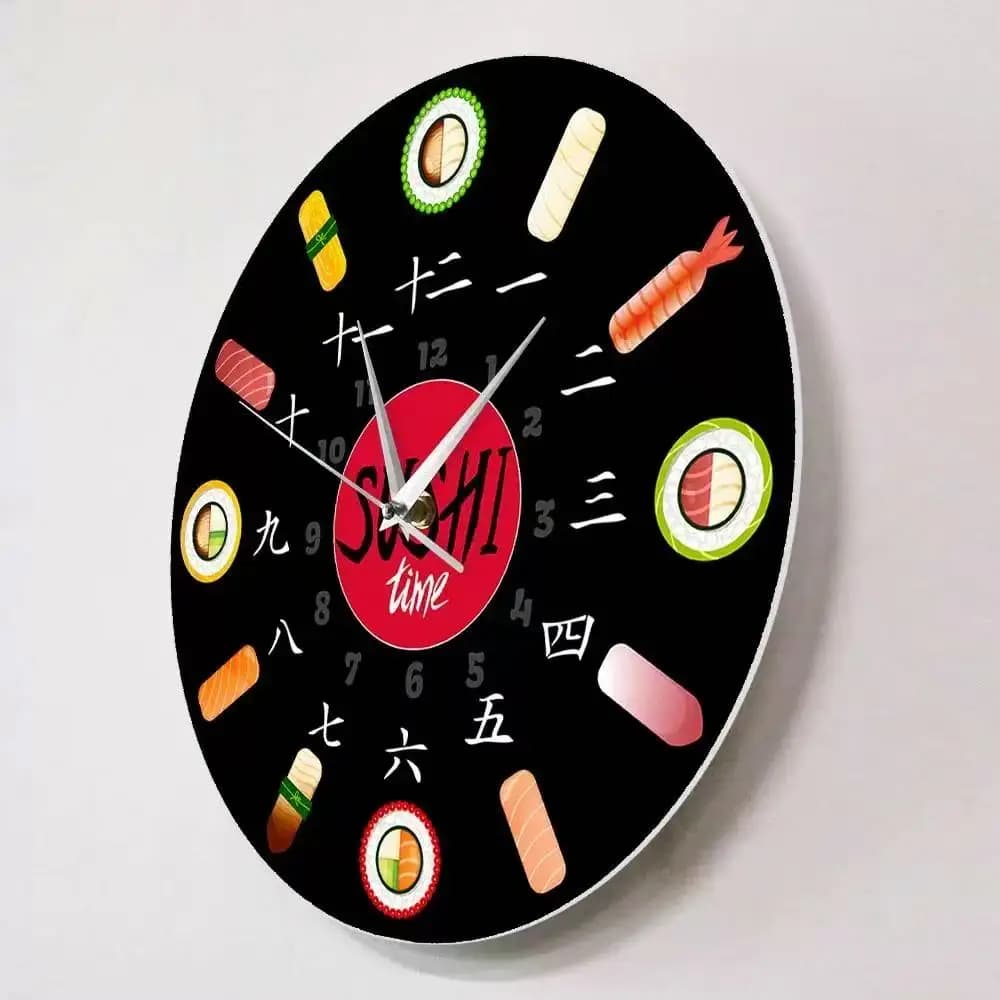 Japanese Sushi Wall Clock Delicious Food Nigiri Maki Silent Quartz Watch Kitchen Restaurant Dining Room Decor Chef Foodie Gift