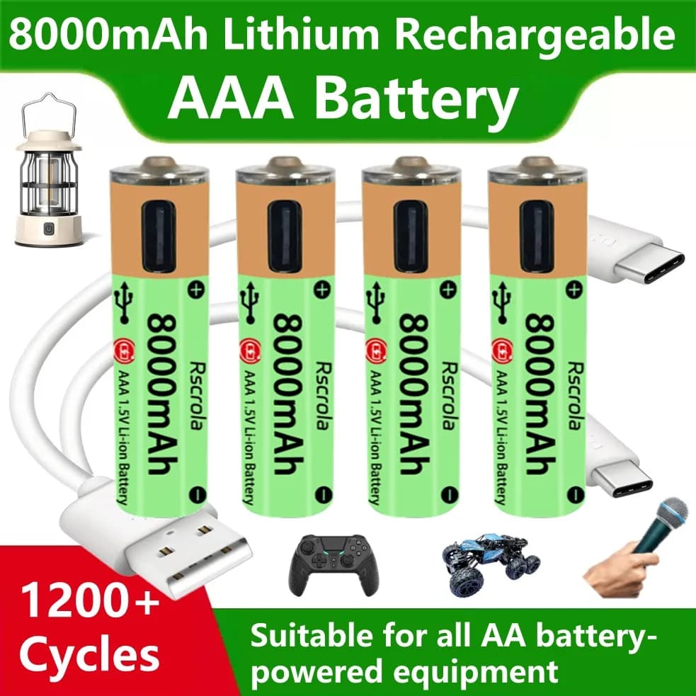 Batteria ricaricabile AAA durevole Batteria di grande capacità 8000mAh USB-C Carica rapida Ciclo 1200 per telecamera giocattolo Orologio telecomando