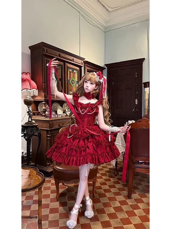 Red Ballet Style Rose Lolita Skirt Sweet Cute Knot Tail Princess Dress Old Fashioned Daily Women's Hanfu Set